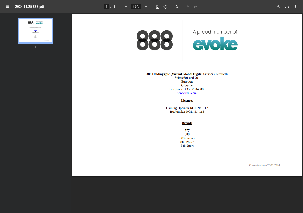 Local capture of the first displayed source record concerning 888 Casino
